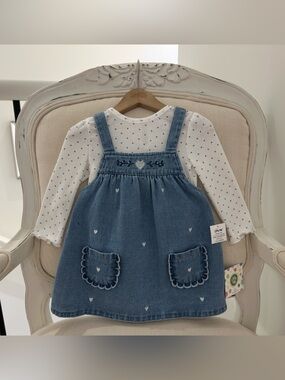 🦢 18 Mth Embroidered Heart Denim Pinafore Dress & Polka Dot Top 100% Cotton NWT